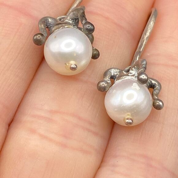 Vintage Sterling Silver Pearl Court Jester Hat Earrings Dangle Drop Unique - Picture 3 of 8